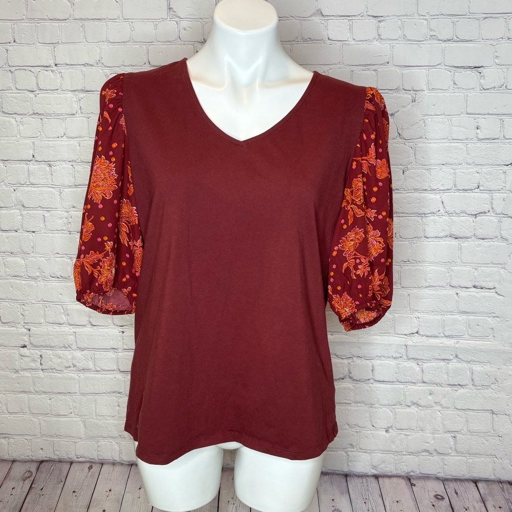 Pioneer Woman Maroon Top with Orange Floral Sleeves